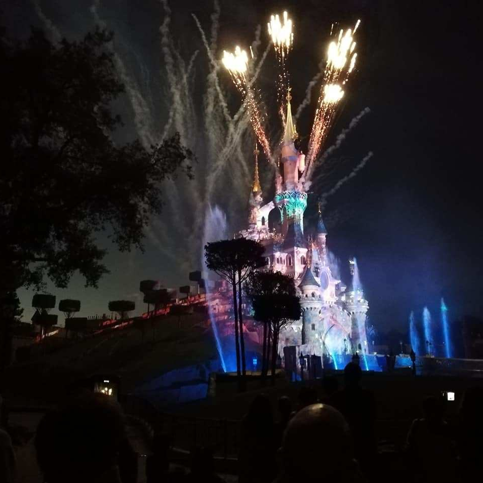 The Disney castle surrounded by fireworks