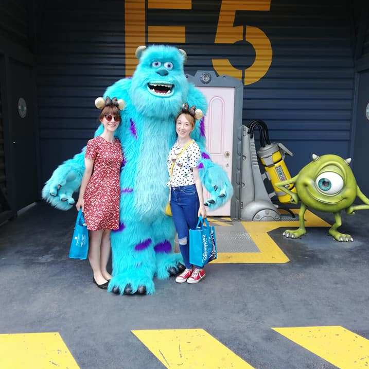 Lillie and I standing either side of Sully from Monsters Inc