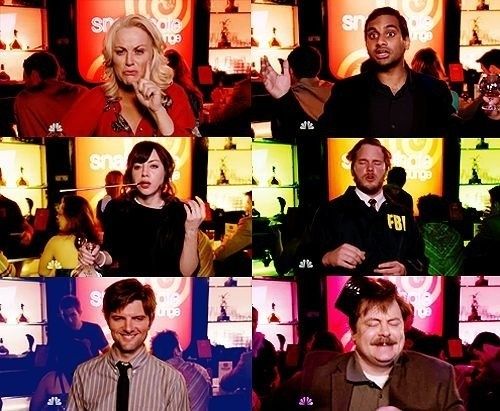 Parks & Recreation - The Fight: Collection of stills from the episode showing each of the characters in their drunk state. Top left to right: Leslie, Tom, April, Andy, Ben, and Ron.