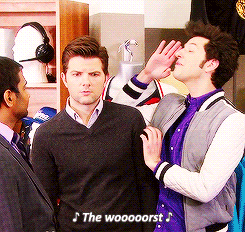 Gif of Jean-Ralphio leaning into Ben and singing "The wooooorrst." Ben looks both confused and annoyed.