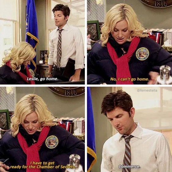 Screenshot from Parks & Recreation - Flu Season: Ben approaches a sick looking Leslie, who is dressed in a coat and wearing a scarf and tells her "Leslie, go home." She replies "No, I can't go home I have to get ready for the Chamber of Secrets." He corrects her with "Commerce."