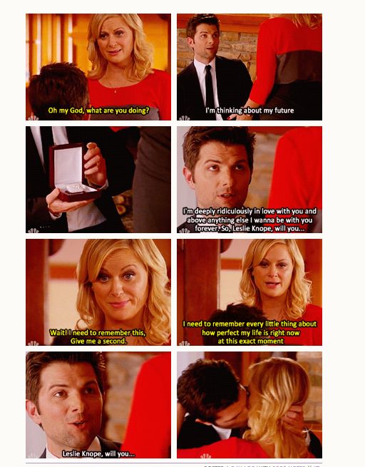 Parks & Recreation - Halloween Surprise: Ben, dressed in a suit, gets down on one knee. Leslie asks "Oh my god, what are you doing?" He replies "I'm thinking about my future" and opens a box to reveal an engagement ring. He tells her "I'm deeply ridiculously in love with you and above everything else I wanna be with you forever. So, Leslie Knope, will you..." She cuts him off and says "Wait. I need to remember this. Give me a second. I need to remember everything little thing about how perfect my life is right now at this exact moment." He asks again "Leslie Knope, will you-" and she interrupts him with a kiss.