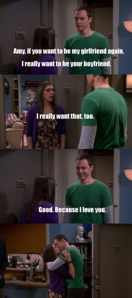 Stills from Shamy's reunion in The Big Bang Theory. Sheldon is stood in Amy's doorway and tells her "Amy, if you want to be my girlfriend, I really want to be your boyfriend." She replies "I really want that, too." Sheldon responds with "Good. Because I love you." They embrace and kiss.