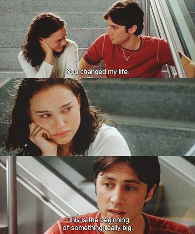 Still from Garden Sate. Sam and Large are sat on steps at the airport. Sam is crying. Large tells her "You changed my life. This is the beginning of something really big."