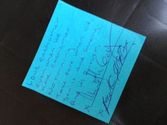 Meredith & Derek's Post-It Wedding Vows - "Love each other even when we hate each other, no running, take care when old, senile and smelly. And it's forever." 