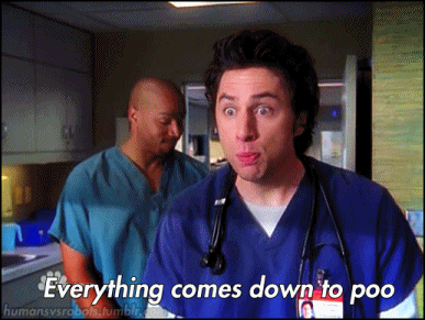 Scrubs Gif of JD and Turk singing "Everything comes down to poo."
