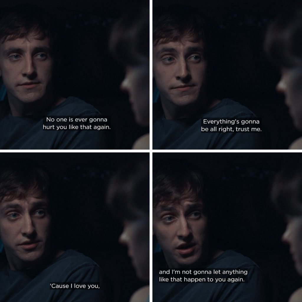 Screen grab of Connell and Marianne in the car. Connell tells Marianne "No one is ever gonna hurt you like that again. Everything's gonna be alright, trust me. 'Cause I love you. And I'm not gonna let anything like that happen to you again."