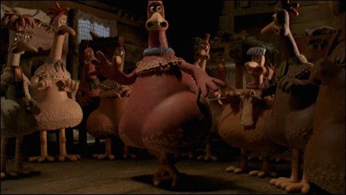 Gif of Bunty dancing, surrounded by the other chickens.